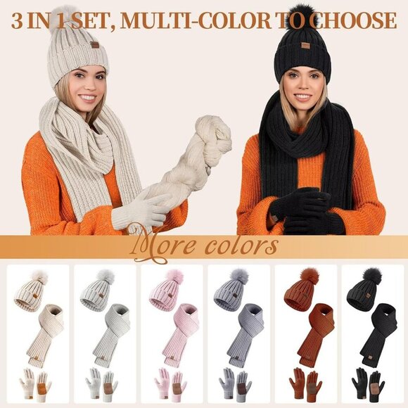 Winter Beanie Hat Scarf Gloves Set for Women Pom Pom Beanie Touchscreen Gloves main image 6